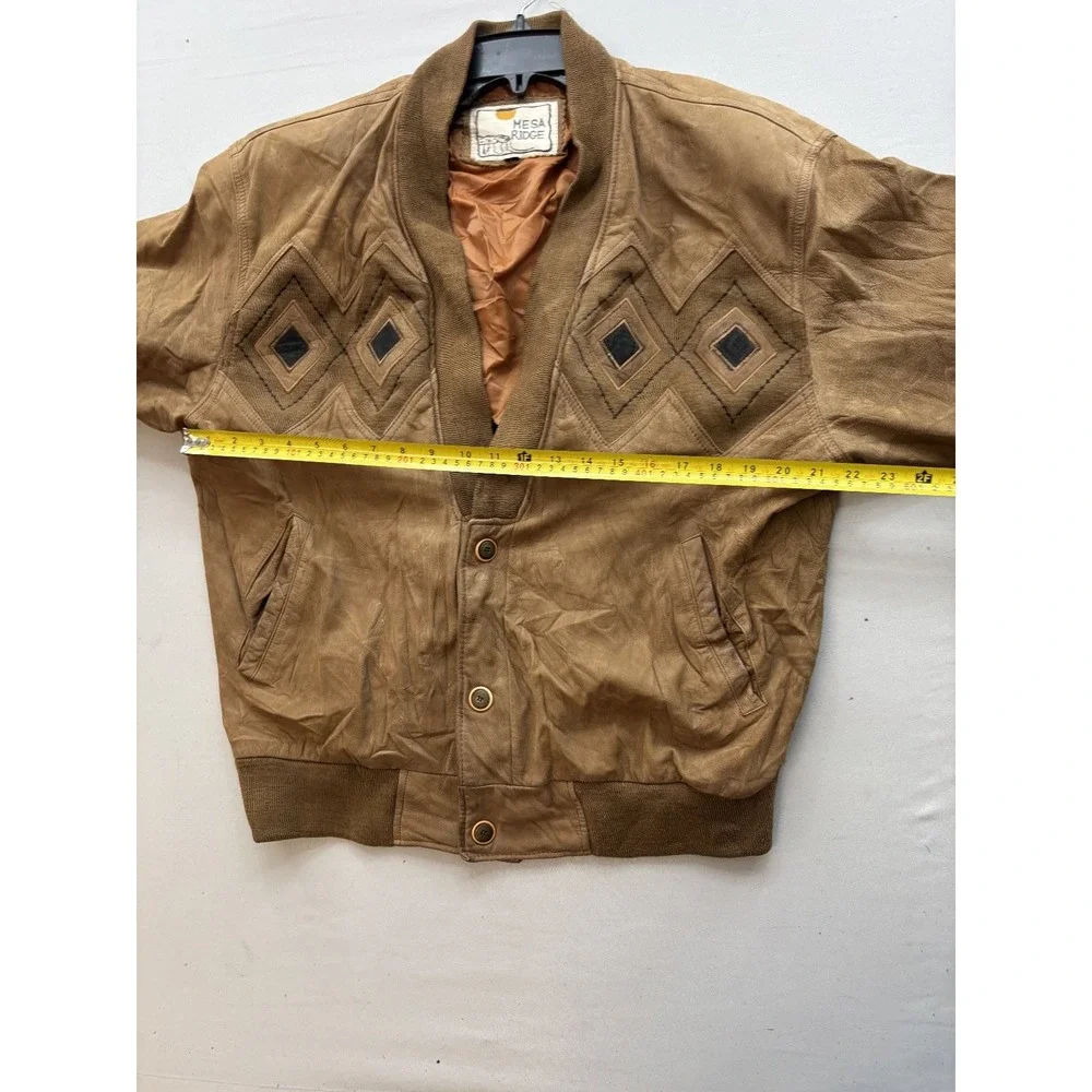 MESA RIDGE Vintage Men Tan Leather Bomber Jacket L Button Front Ribbed Trim
